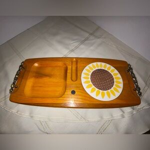 Vintage Wooden Cheese Board Serving Tray with SunFlower Tile Trivet 1970’s Japan